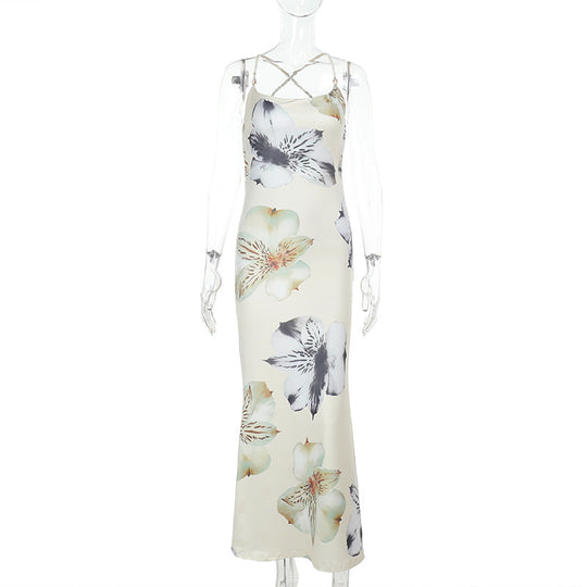 Damen Maxikleid mit zartem Blumenmuster und feinen Spaghetti-Trägern EB