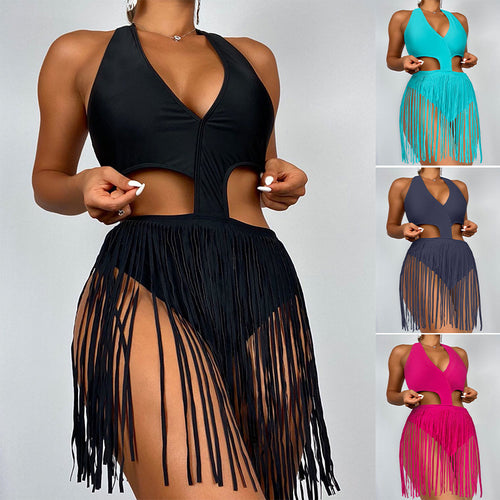 Damen Cut-Out Badeanzug mit fransenverzierter Rockpartie EB