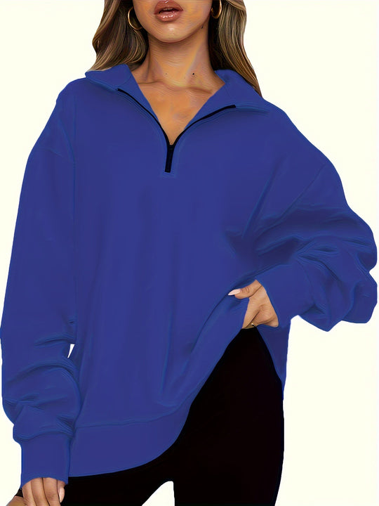 Damen nan Oversized Sweatshirt mit Kurzreißverschluss, Stehkragen und Kängurutasche EB