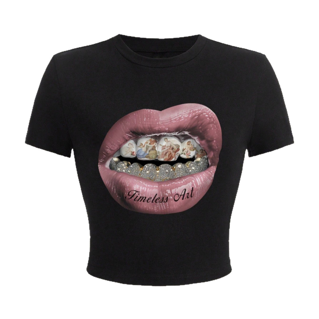 Damen Crop-T-Shirt mit kreativem Grafikdesign und einzigartigem Statement EB