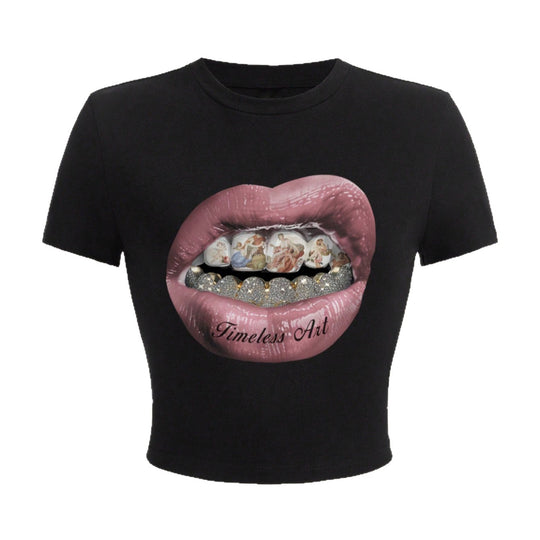 Damen Crop-T-Shirt mit kreativem Grafikdesign und einzigartigem Statement EB