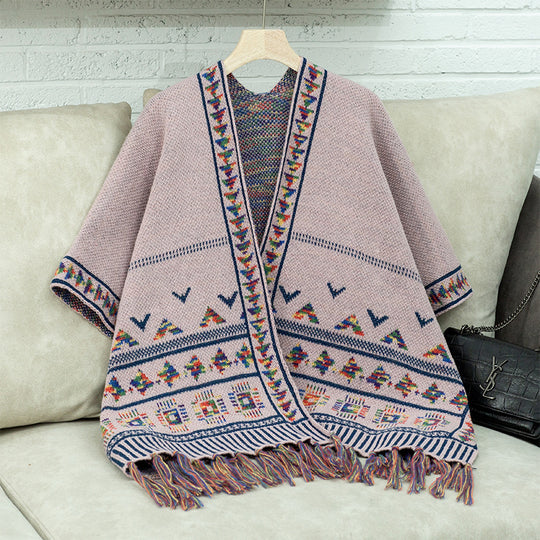 Damen stilvolle Poncho mit buntem Ethnomuster EB