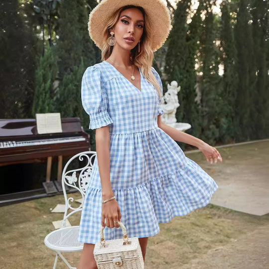 Damen Gingham-Kleid mit Volant und Puffärmeln EB