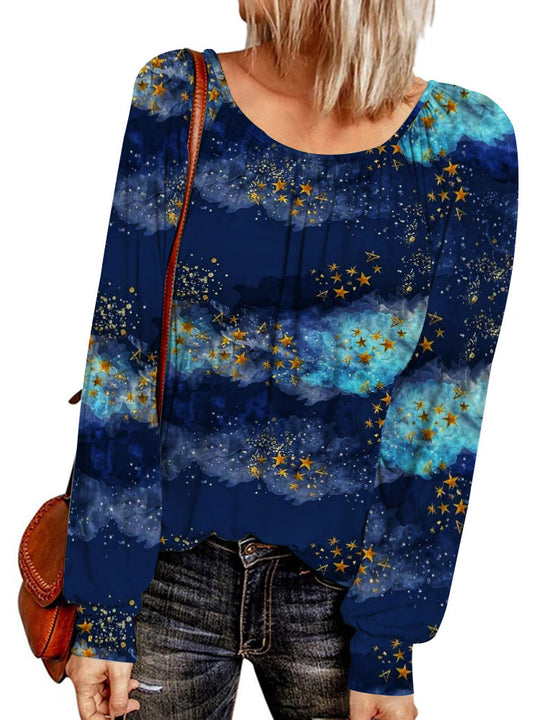 Damen Ethno-Print Oversize-Tunika mit Rundhalsausschnitt und langen Ballonärmeln EB