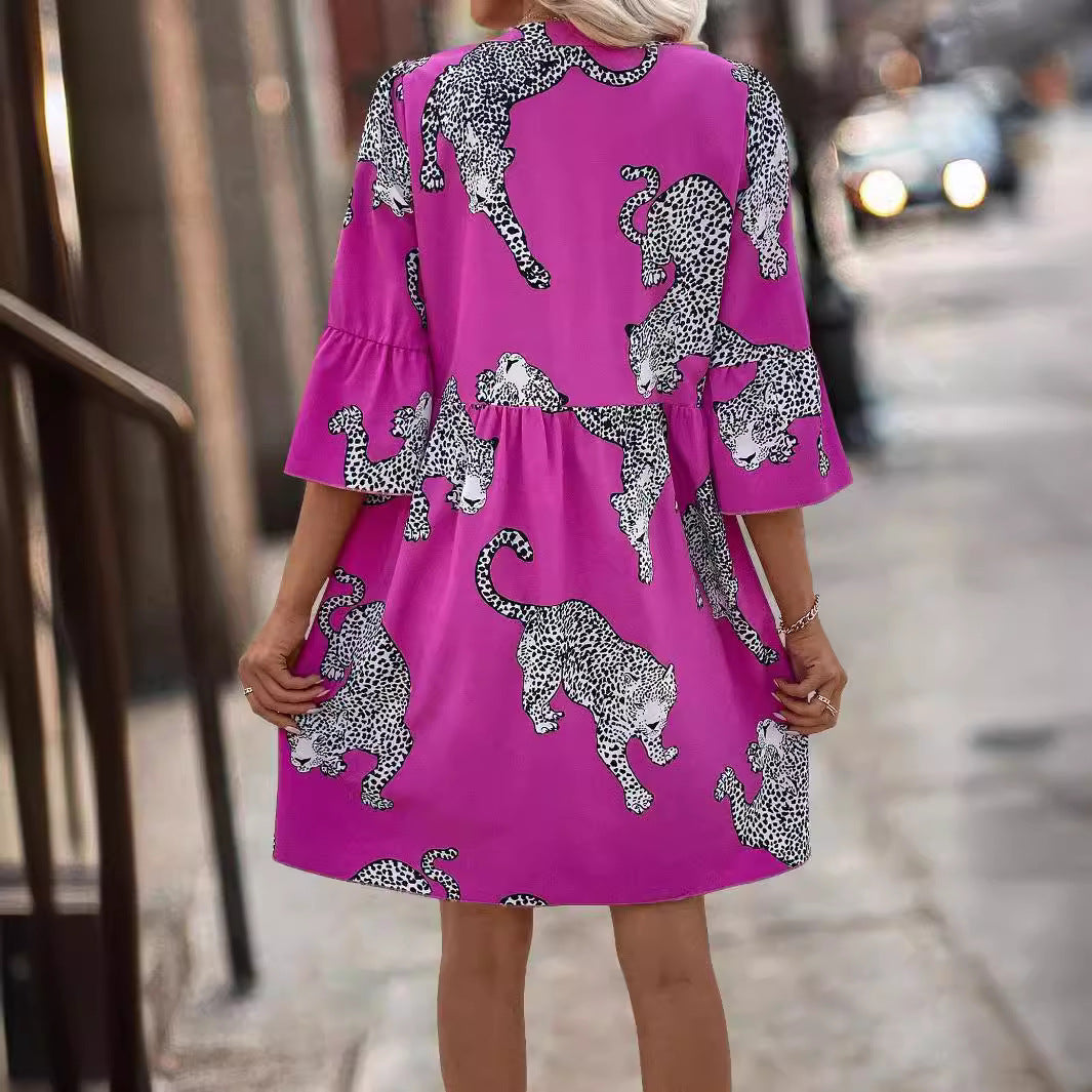 Damen Freizeitkleid mit tierischem Muster und knöpfen EB