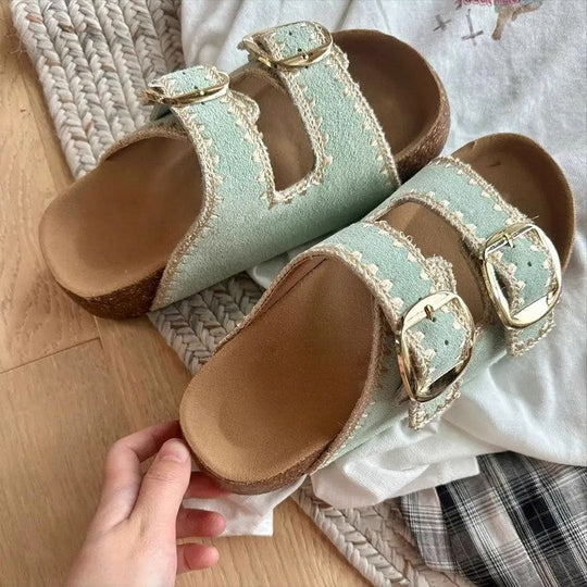 Damen Comfort-Sandalen mit zweifachen verstellbaren Riemen, gepolstertem anatomischem Fußbett und goldener Metallschnalle EB