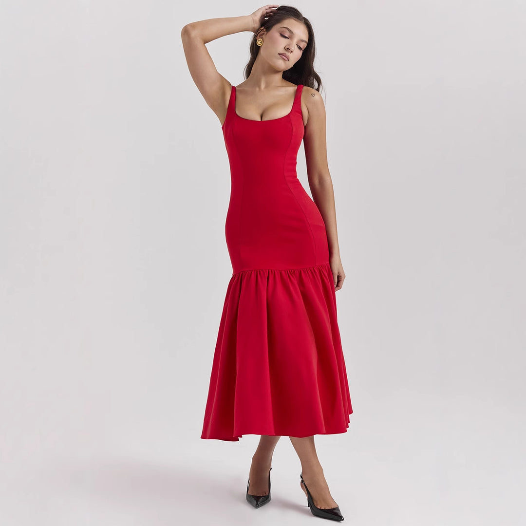 Damen Maxikleid mit schickem Taillenbetonung und voluminösem Rock EB