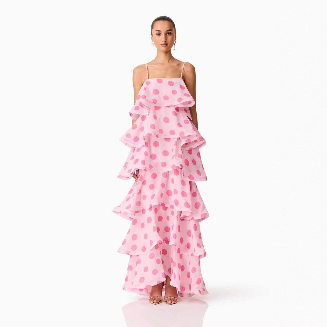 Damen Maxikleid mit verspielten Rüschen und Punkten EB