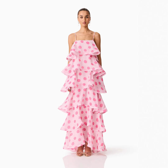 Damen Maxikleid mit verspielten Rüschen und Punkten EB