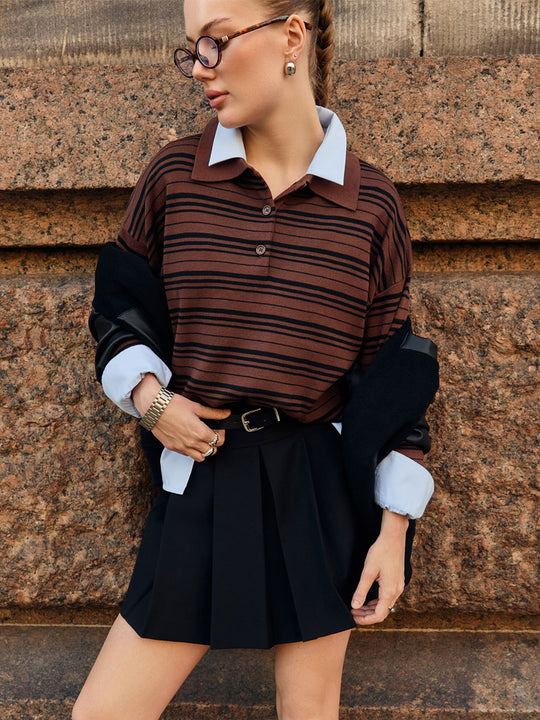 Damen Gestreifter Polo-Pullover mit Knopfleiste und langem Schnitt EB