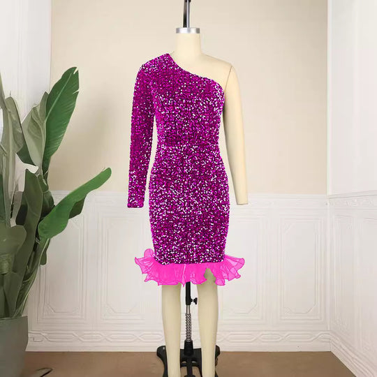 Damen Glamouröser Abendkleid mit funkelnden Pailletten und Rüschenabschluss EB