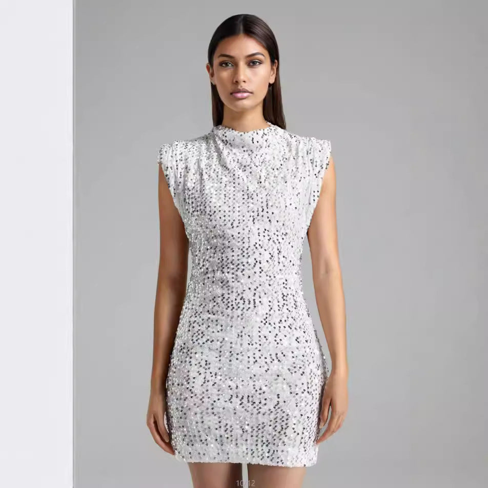 Damen Funkelndes Pailletten-Minikleid mit Stehkragen und Schulterpolstern EB