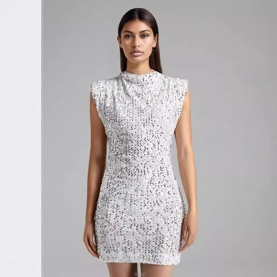 Damen Glitzerndes Minikleid mit elegantem Stehkragen und schimmernden Pailletten EB