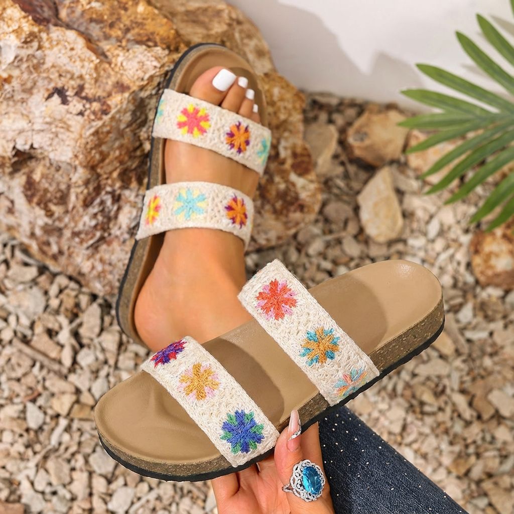 Damen Komfortable Sandalen mit floralem Stickdesign und gepolsterter Sohle EB