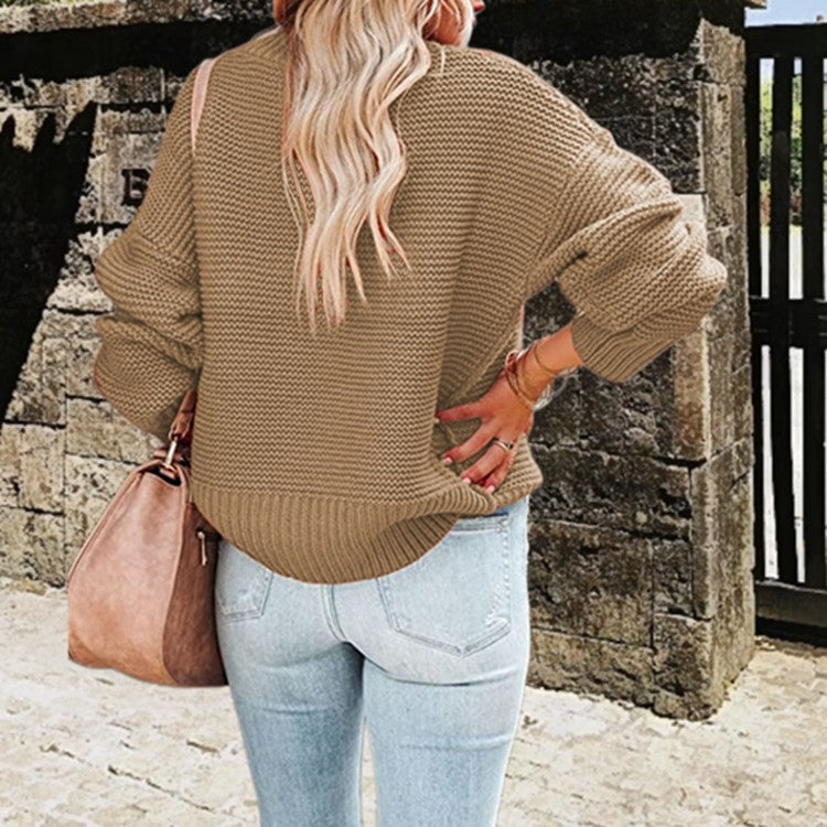 Damen kuscheliger Pullover mit hohem Kragen und strukturiertem Strickmuster EB