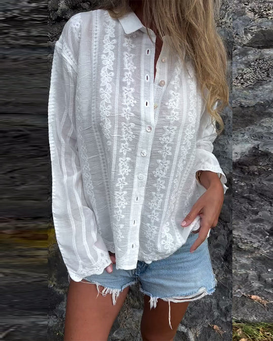Damen elegante gestickte Bluse mit Knopfleiste und langen Ärmeln Heidi-Mode