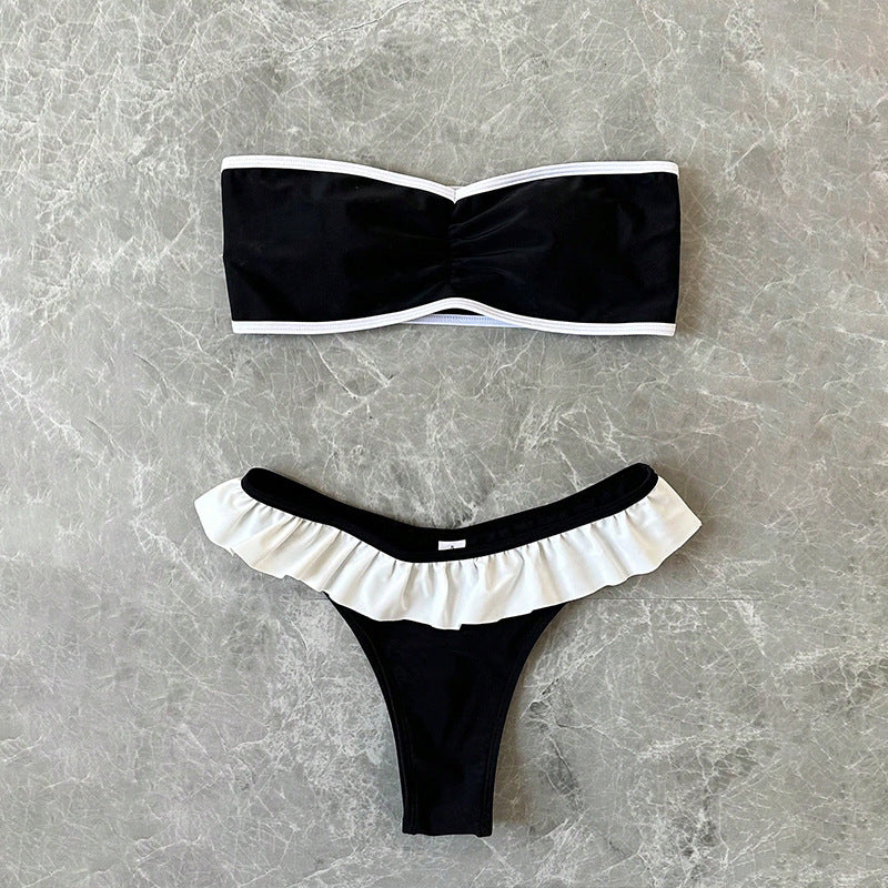 Damen Bandeau-Bikini mit Rüschendetails und elegantem Farbkontrast EB