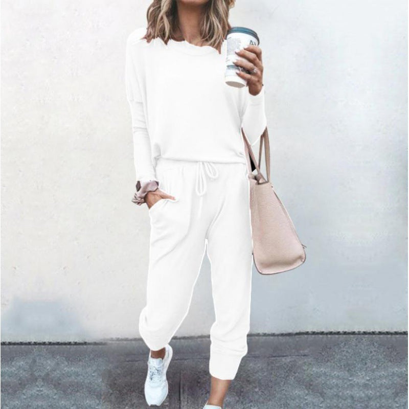 Damen Lässiges Lounge-Set mit Rundhalsausschnitt, Kordelzug-Hose und Bündchen EB