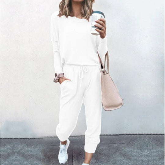 Damen Lässiges Lounge-Set mit Rundhalsausschnitt, Kordelzug-Hose und Bündchen EB