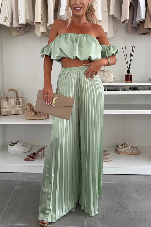 Damen Elegantes Set mit schwingendem Oberteil und plissierten Hosen EB