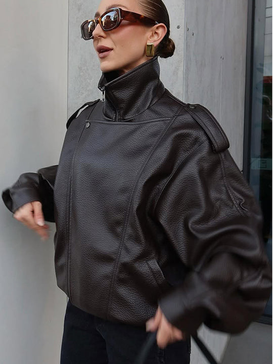 Damen Oversized Kunstlederjacke mit hohem Kragen und voluminösen Ärmeln EB