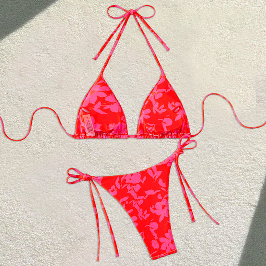 Damen Triangel-Bikini mit floralem Design und verstellbaren Bändern EB