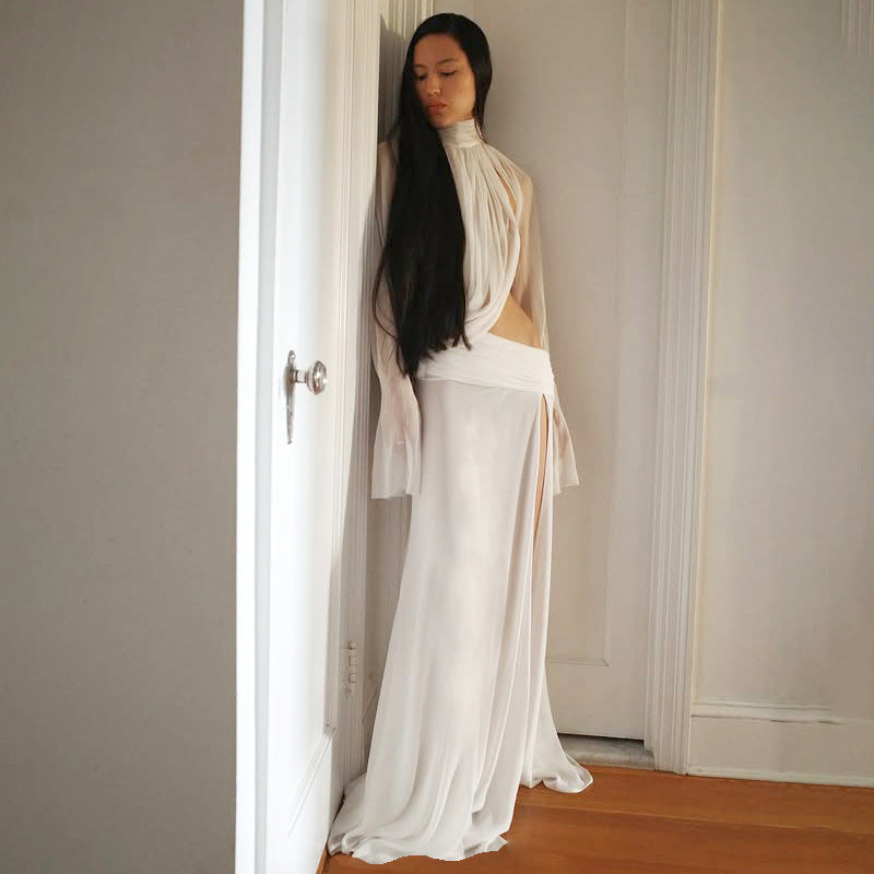 Damen elegantes Maxikleid mit durchscheinenden Ärmeln und seitlichem Schlitz EB