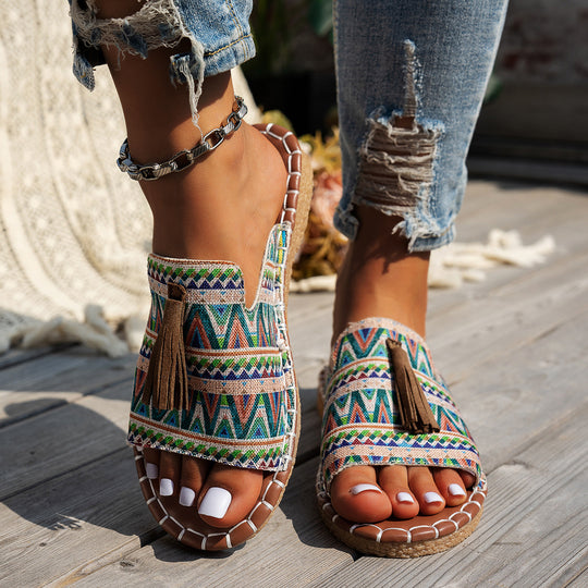 Damen Gemusterte Sandalen mit dekorativen Quasten und rutschfester Sohle EB