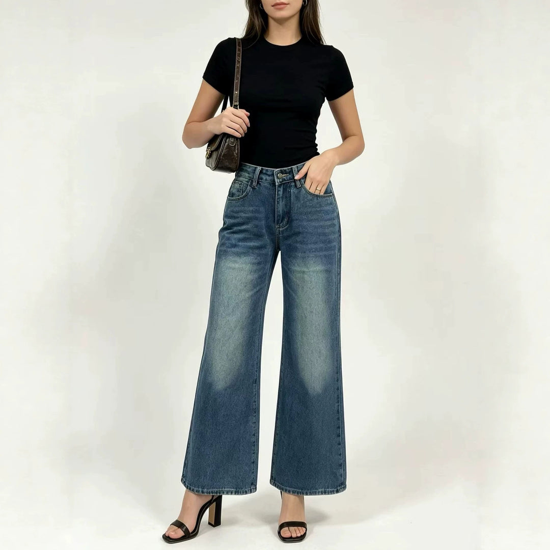 Damen nan High‑Waist Flared-Jeans mit weitem Bein, taillierender Bundnaht und dezenter Used-Struktur EB