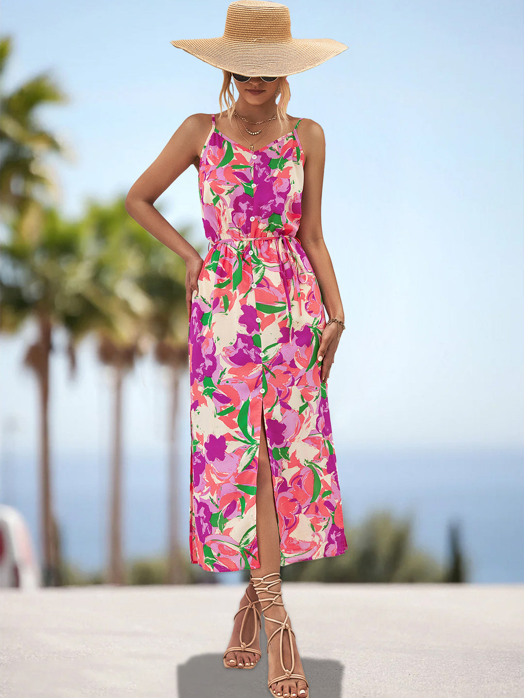 Damen Maxikleid mit floralem Design und elastischem Taillenbund EB