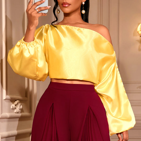 Damen elegantes asymmetrisches Oberteil mit voluminösen Puffärmeln EB