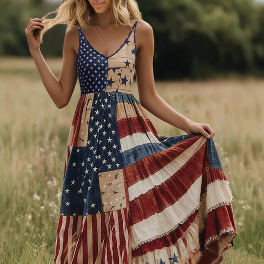 Damen Lange Sommerkleid mit buntem Patchwork-Design und V-Ausschnitt EB