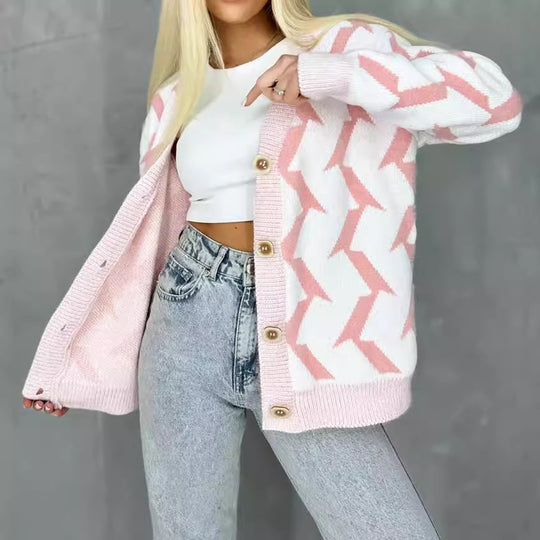 Damen gemütlicher Strickcardigan mit modernem Blitze-Design und Knopfverschluss EB