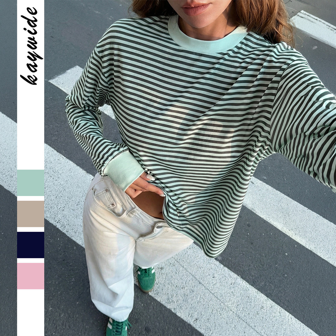 Damen nan lässiges gestreiftes Oversize-Longsleeve mit kontrastierendem Rundhalsausschnitt und verlängertem Rückensaum EB