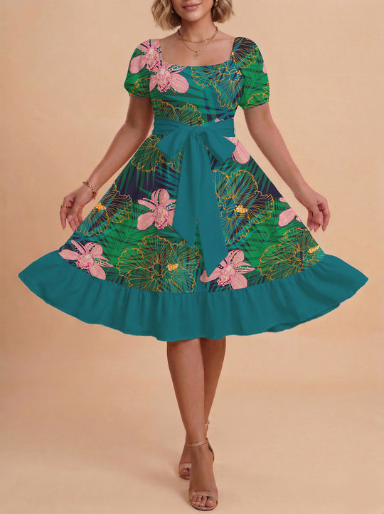 Damen Blumenkleid mit taillierbarem Gürtel und voluminösen Ärmeln EB
