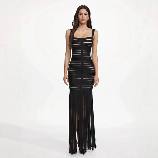 Damen Elegantes Abendkleid mit raffiniertem Streifen-Design und Fransen EB