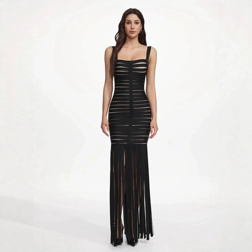 Damen Elegantes Abendkleid mit raffiniertem Streifen-Design und Fransen EB