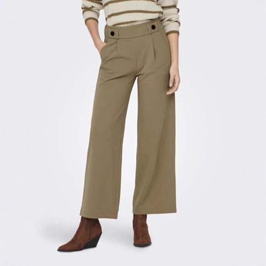 Damen High-Waist Culottehose mit Zierknopf-Bund und weitem Bein EB