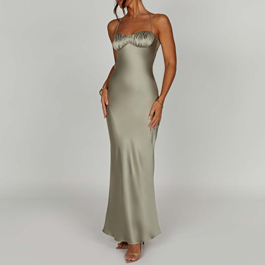Damen elegantes Satin-Abendkleid mit dünnen Trägern EB