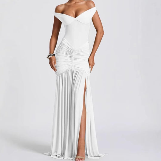 Damen Elegantes Off-Shoulder Maxikleid mit Rüschendetails und hohem Schlitz EB