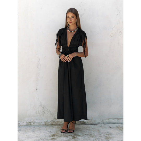 Damen elegante Maxi-Kleid mit raffiniertem Wickeldesign und tiefem V-Ausschnitt EB