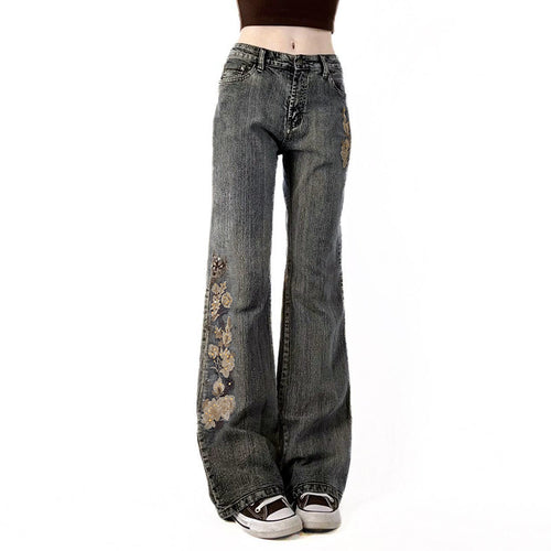 Damen Flared Jeans mit floralem Stickdesign EB