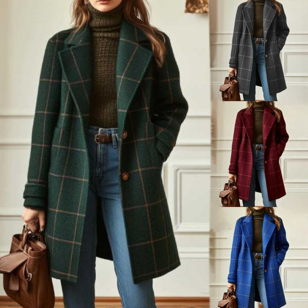 Damen nan karierter Wollmix Mantel mit Reverskragen, aufgesetzten Taschen und taillierter Silhouette EB