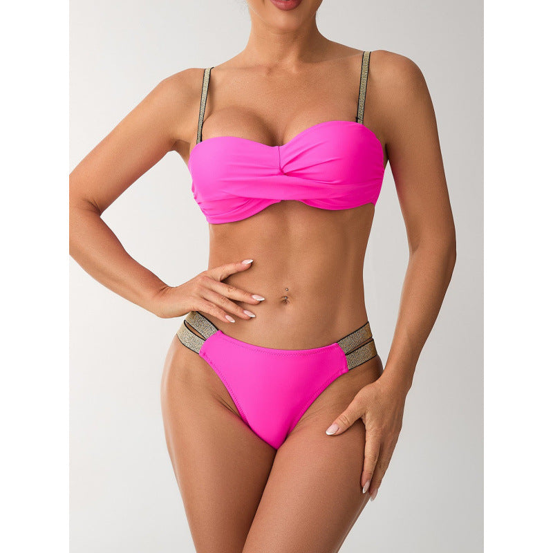 Damen Bandeau Bikini mit elegantem Wickeldetail und sportlichen Akzenten EB