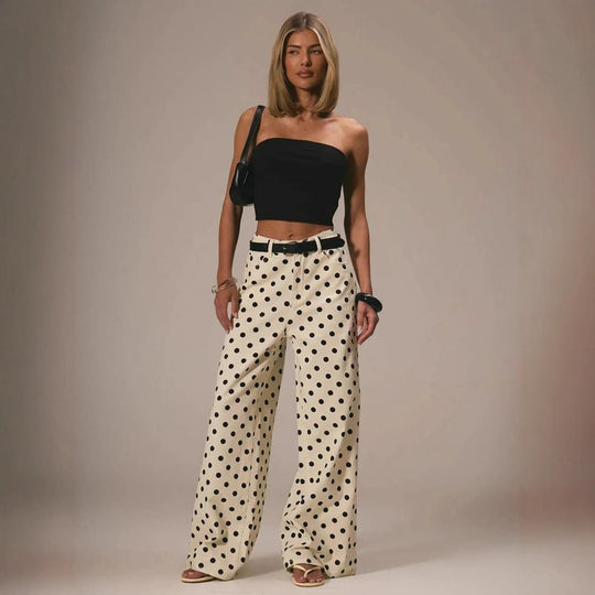 Damen weite Polka-Dot Palazzo-Hosen mit high-waist Schnitt EB