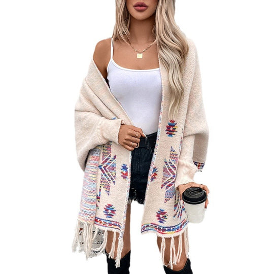 Damen Strickponcho mit buntem Navajo-Muster und fransigem Saum EB