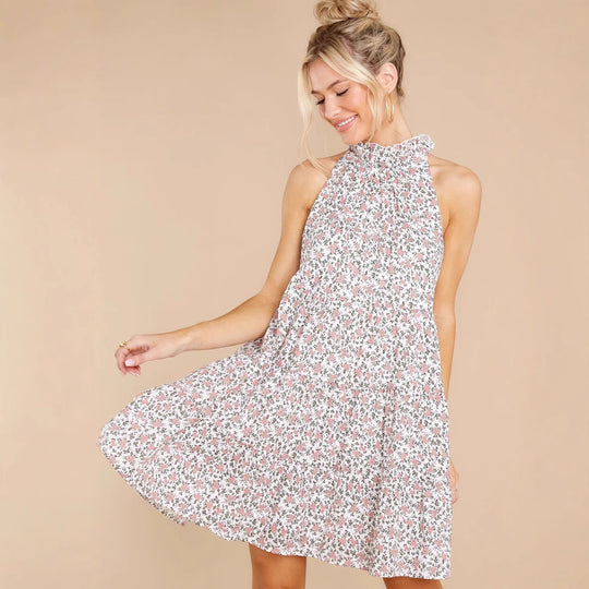 Damen Neckholder-Kleid mit verspielt-floralem Design und Rüschendetails EB