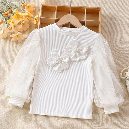 Mädchen modische Bluse mit transparenten Puffärmeln und floralen Akzenten EB