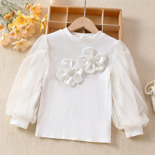 Mädchen modische Bluse mit transparenten Puffärmeln und floralen Akzenten EB