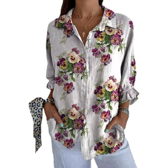 Damen Leinenbluse mit floralen Akzenten Heidi-Mode